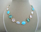 NEW Skyfall -- Aqua Blue Quartz, Rose Quartz, Rainbow Moonstone, and Sea Blue Chalcedony Gemstone Connector Necklace