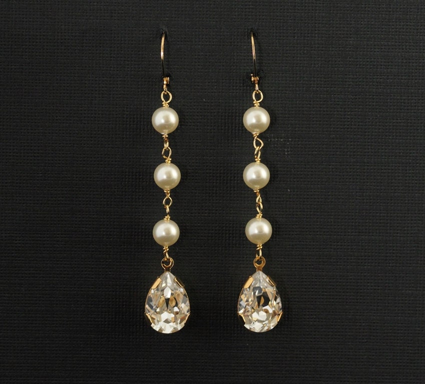 Long Gold Wedding Earrings, Pearl Rhinestone Teardrop Wedding Bridal Jewelry, Dangle Gold Drop Earrings, Wedding Jewelry -- ELIZABETH II