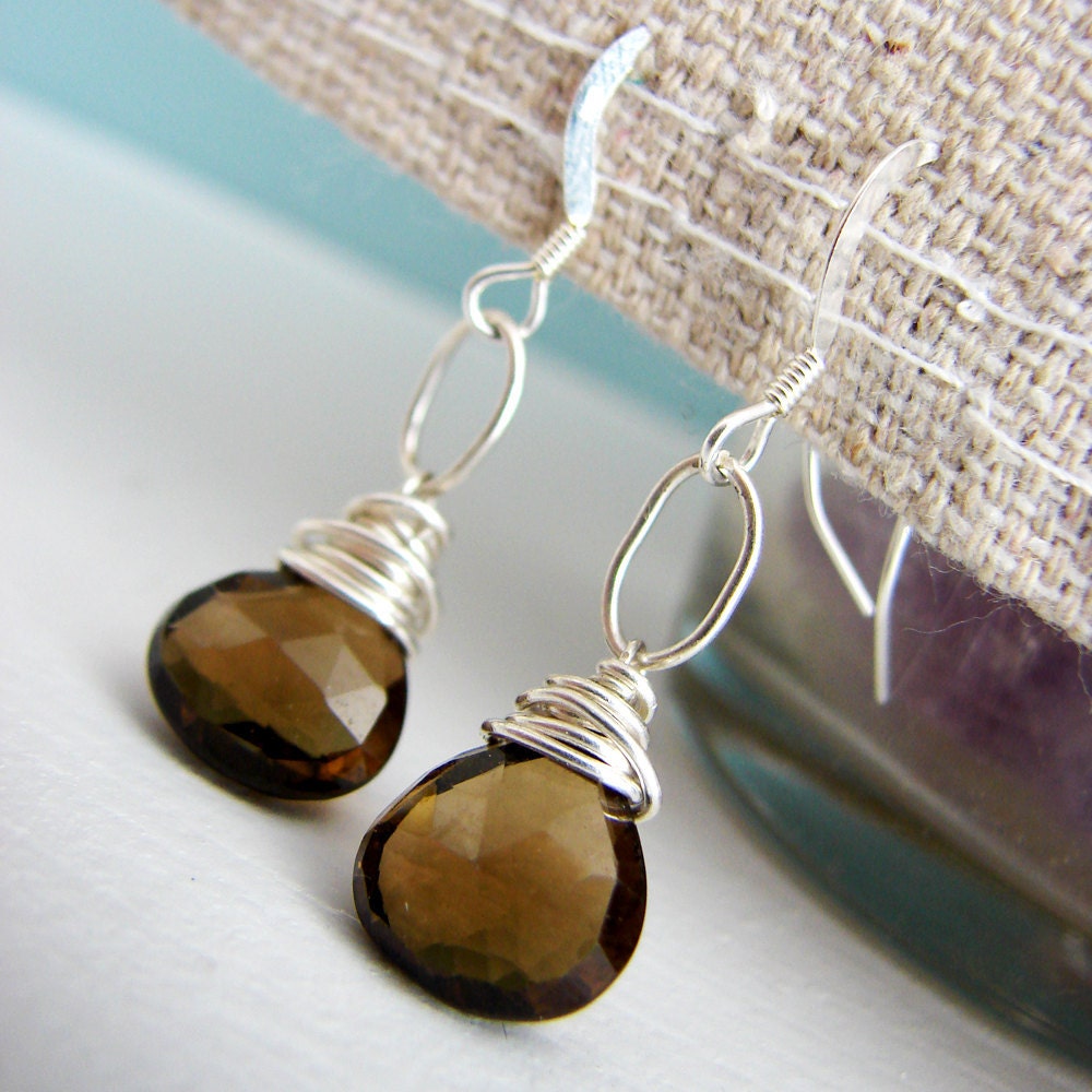 Brown Cognac Quartz  Earrings. Brown Quartz Dangle Earring. Silver Dangle Earring
