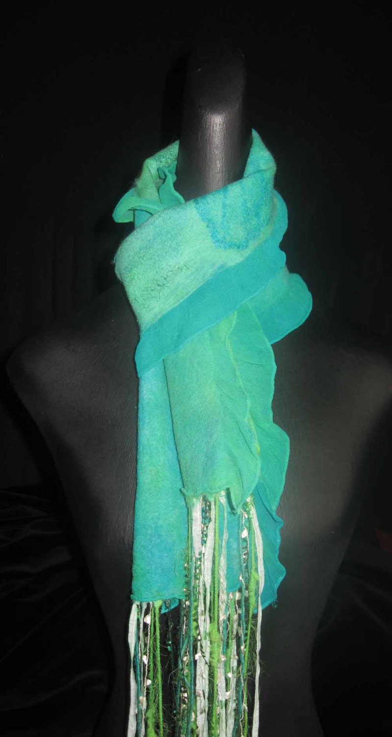 Nuno-felted Merino Wool and Silk  Scarf Green