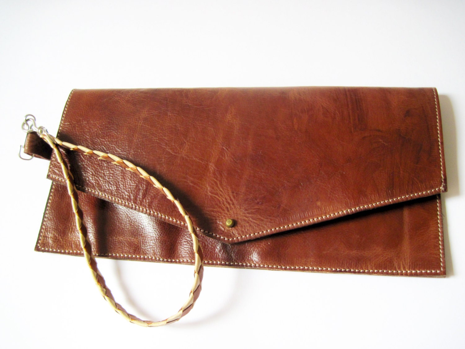 SALE Cognac Leather Envelope Clutch With Wristlet