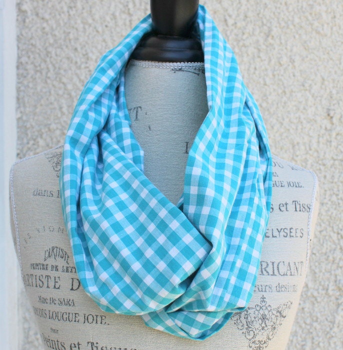 super soft turquoise and white check plaid infinity scarf