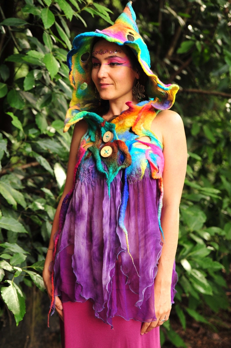Nuno Felted Melted Rainbow Pixie Hooded Silk Fairy Mini Dress Vest Top With Pixie Points OOAK