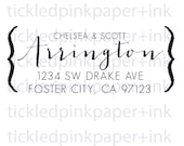 Custom formal calligraphy return address stamp with brackets