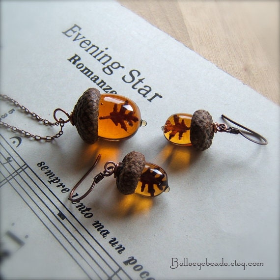 Glass Acorn Necklace and Earring Set Topaz with Encased Copper Leaves by Bullseyebeads