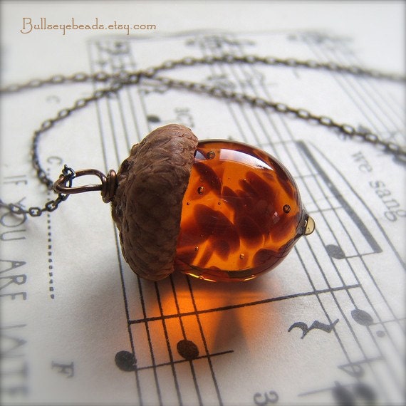 Glass Acorn Necklace -Topaz with Brown Flecks by Bullseyebeads