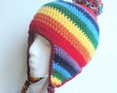 Crochet Rainbow Striped earflap beanie with pom pom, ready to ship.