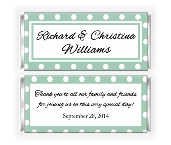 Wedding Jade Green and White Polka Dots Candy Bar Wrapper -  Personalized Printable PDF File