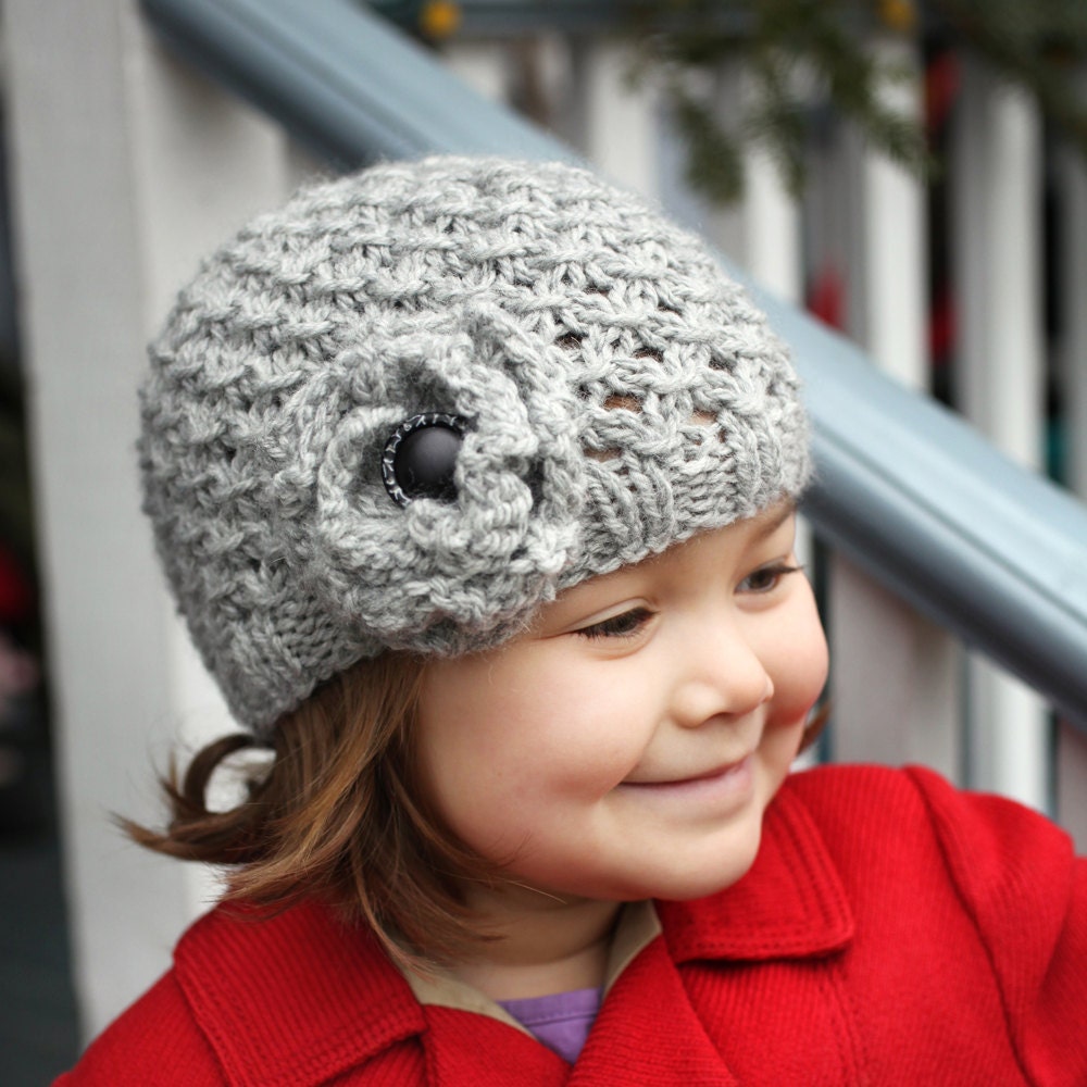 Knitting Pattern Mia Chunky Knit Lace Hat with Flower Child to Adult sizes