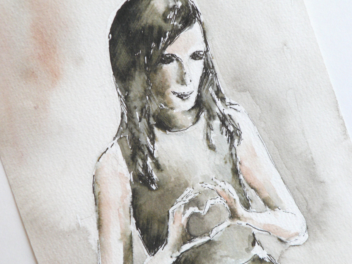 my valentine: original ink and watercolor painting of a young woman forming a heart with her hands