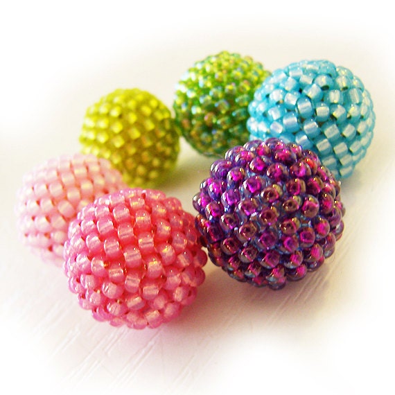 Berry Glass Beadwork Beaded Beads in Green , Purple , Pink and Blue colors - 12mm