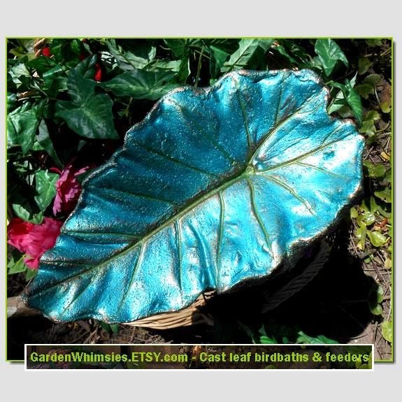 From Hawaii to Portland to you - a cast Taro / Elephant Ear leaf birdbath/feeder on a pole (Leaf 1413)