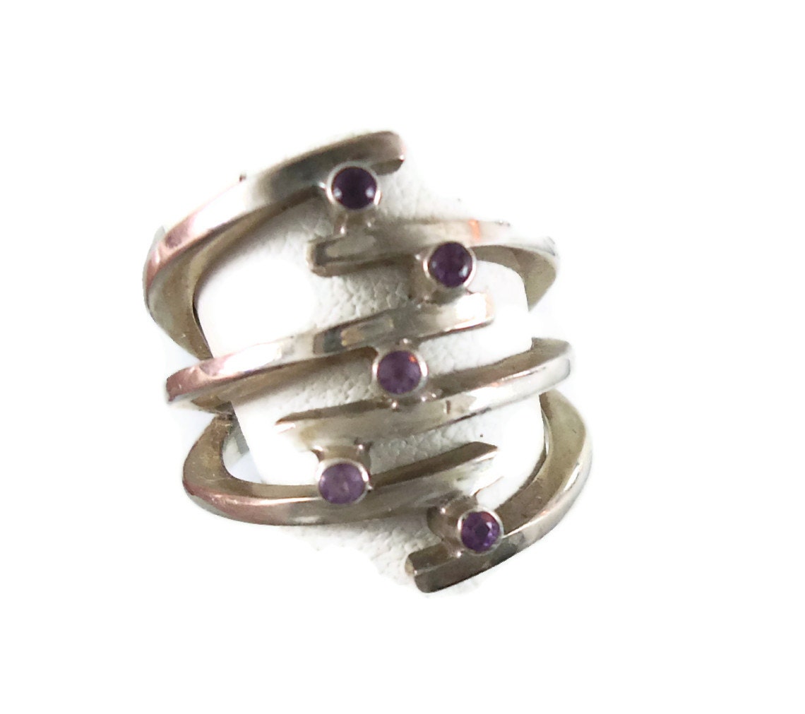 Amethyst Sterling Silver Ring - Vintage Unique Big, Wide, Modern - Size 9 - InVintageHeaven