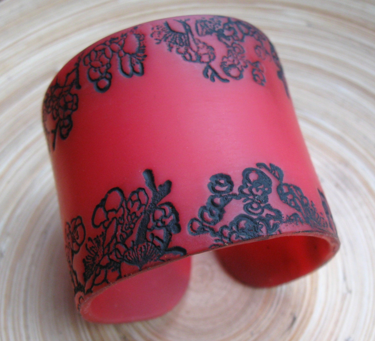 Red Translucent Cuff Bracelet, Black Asian Floral by theshagbag
