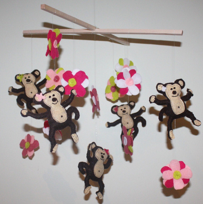 Girl Monkey and Flowers Double-Sided FELT MOBILE for Kids Bedroom Baby Nursery
