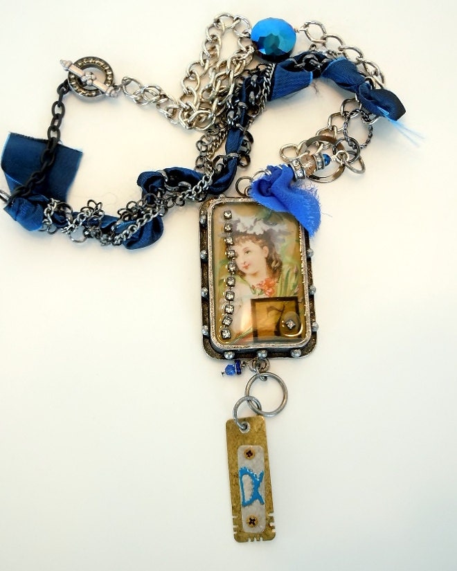 Long Steampunk Necklace by Debbie Renee, Vintage Style, Resin, Ribbon and Chains