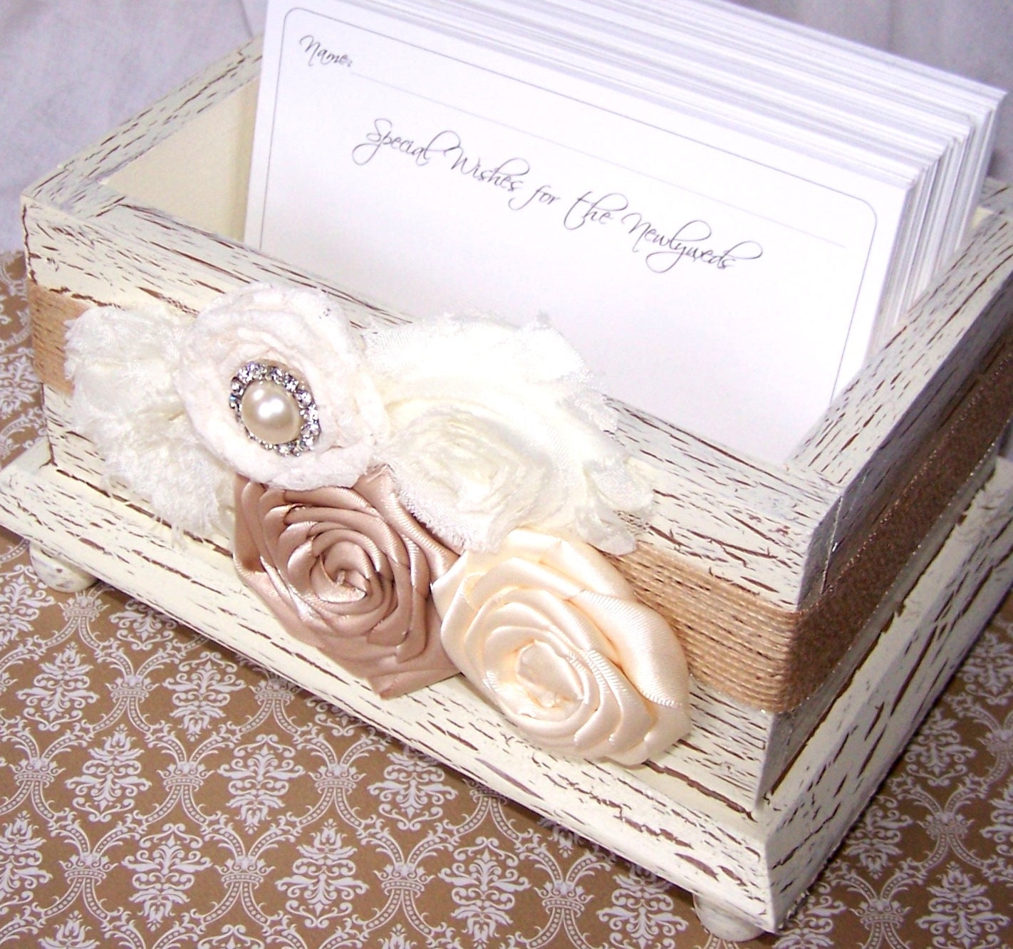 Wedding Guest Book Box - Super Shabby Chic Basic style - Burlap Ribbon with Neutral Flowers, Ivory Shabby Chic Box, Custom colors available