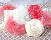 WEDDING GARTER SET - Coral and Ivory, Shabby Chic Romance, Rosettes and Shabby Chiffon Flowers