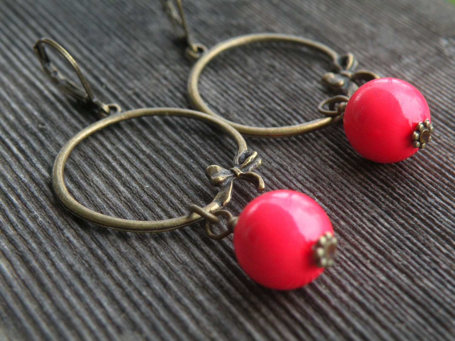 Bow earrings, bow, neon, coral, neon coral, bright earrings