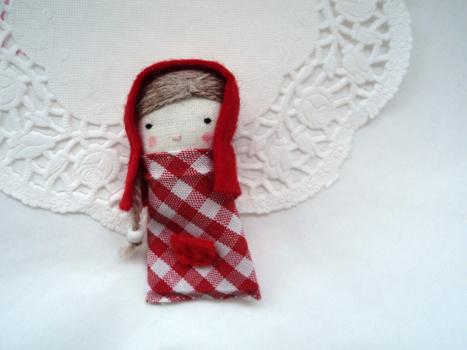 little red riding hood brooch pin art miniature rag doll made to order