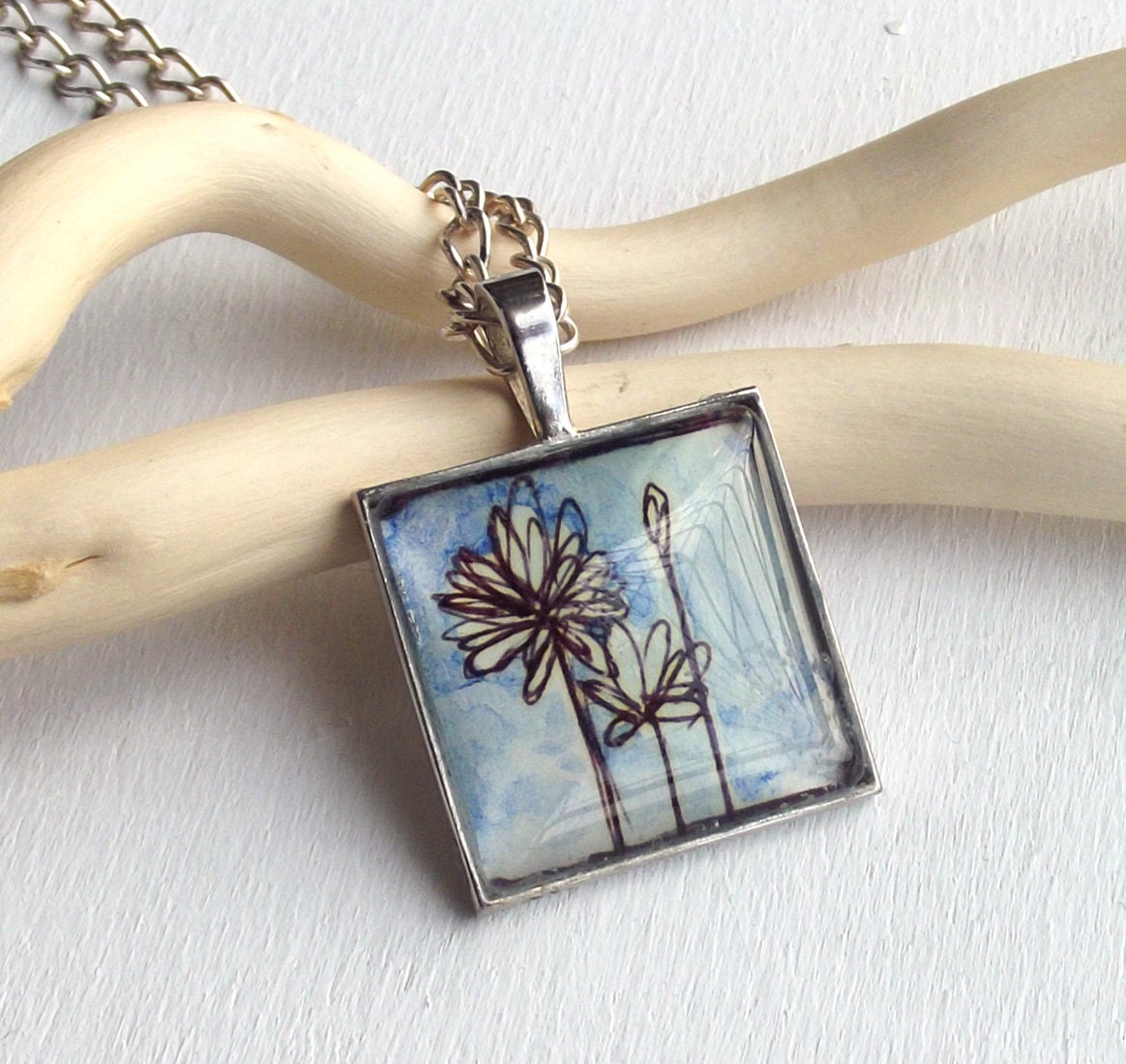 hand-painted art pendant  winter flowers, not a print, miniature, necklace, blue