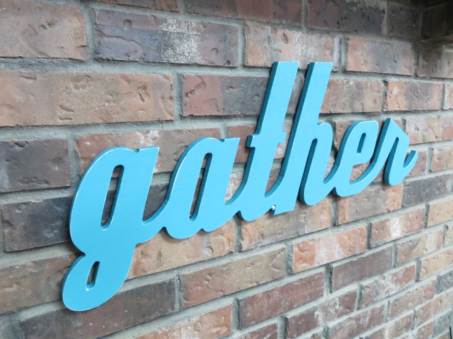 Turquoise Aqua Gather Sign - Wood Wall Decor - Family Room - Kitchen - 28 X 12