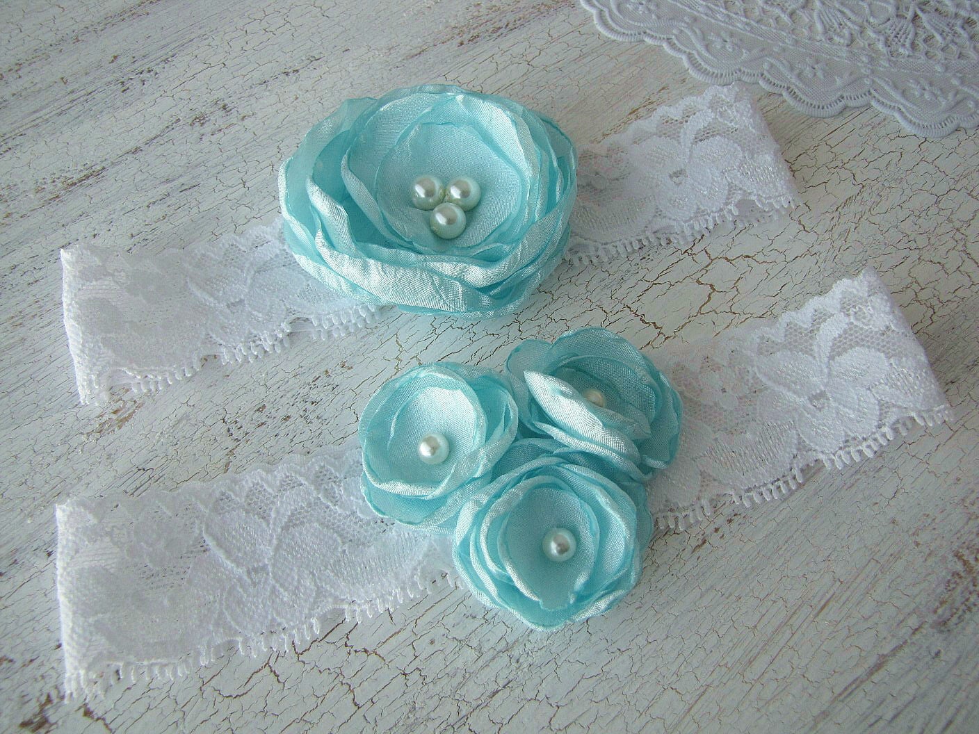 Bridal garter, stretch wedding garter, bridal garter set, keepsake garter, toss garter, fabric flowers- SOMETHING BLUE