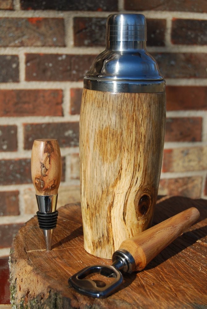 Oak Cocktail Shaker with Matching Bottle Opener and Bottle Stopper