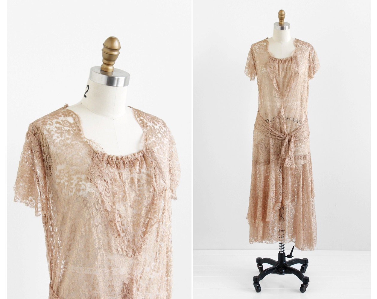 vintage 1920s dress / 20s dress / Champagne Silk Lace Flapper Dress