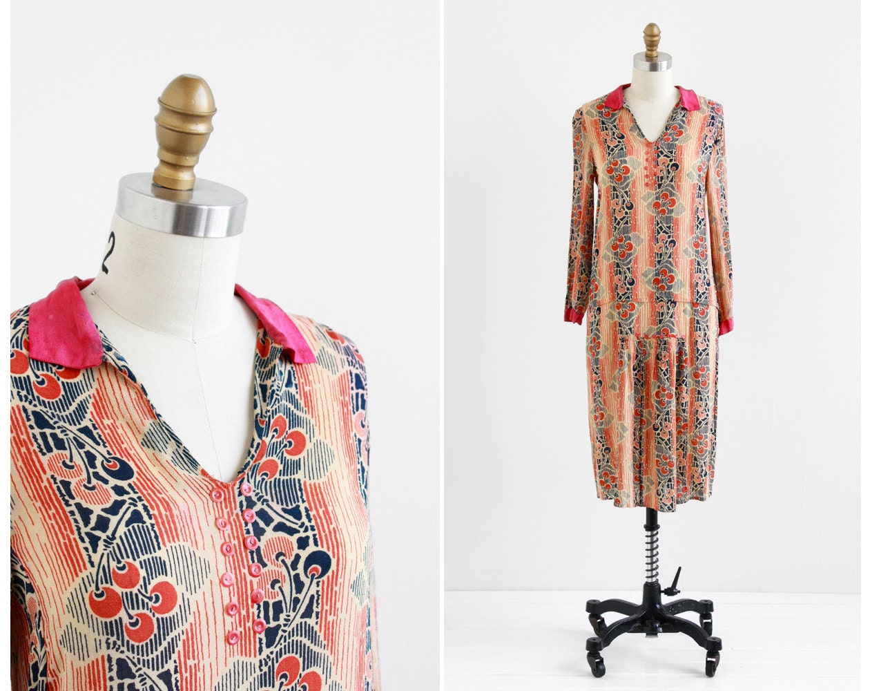 vintage 1920s dress / 20s dress / Rare Cherry Print Art Deco Flapper Dress