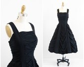 vintage 1950s dress / 50s dress / Black Rayon Ruched Party Dress
