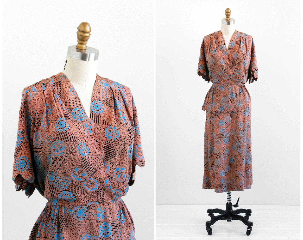 vintage 1940s plus size dress / 40s plus size dress / Mauve and Blue Hearts Novelty Print Rayon Dress