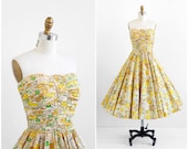 vintage 1950s dress / 50s dress / Yellow Leaf Print Strapless Cotton Party Dress