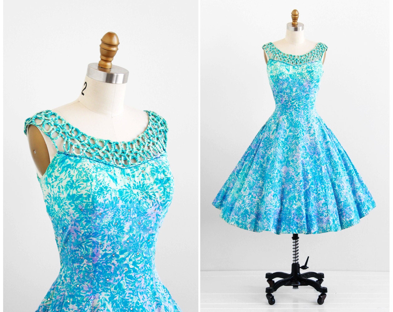 vintage 1950s dress / 50s dress / Blue and Lavender Party Dress with Rhinestones