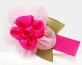 Pink and shocking pink organza and satin flower hair clip - no slip grip