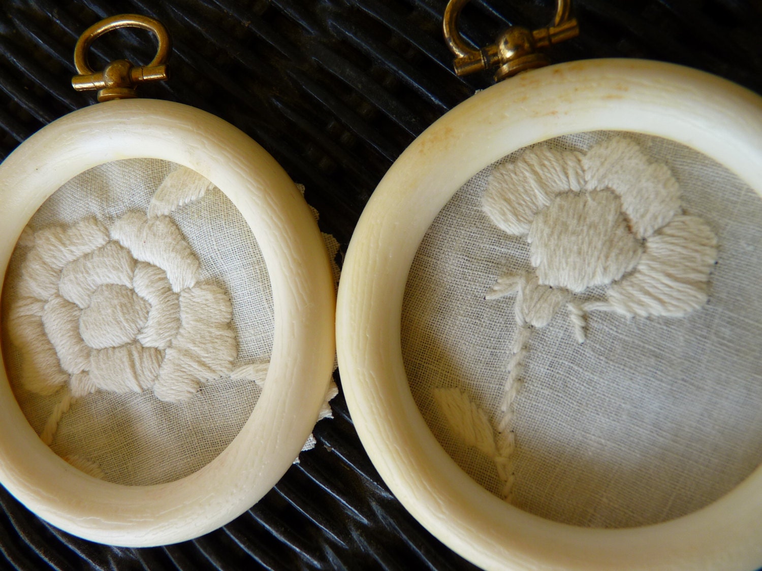 TINY CREWEL ROSES  Wall Art Vintage Crewel Ivory on Cream