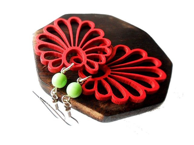 Red Fan Wooden Earrings with Apple Green Glass Beads, Surgical Steel