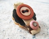 Brooch Novelty Vintage Garter on Wood Green Pink Beige Vintage Button Funky Pin