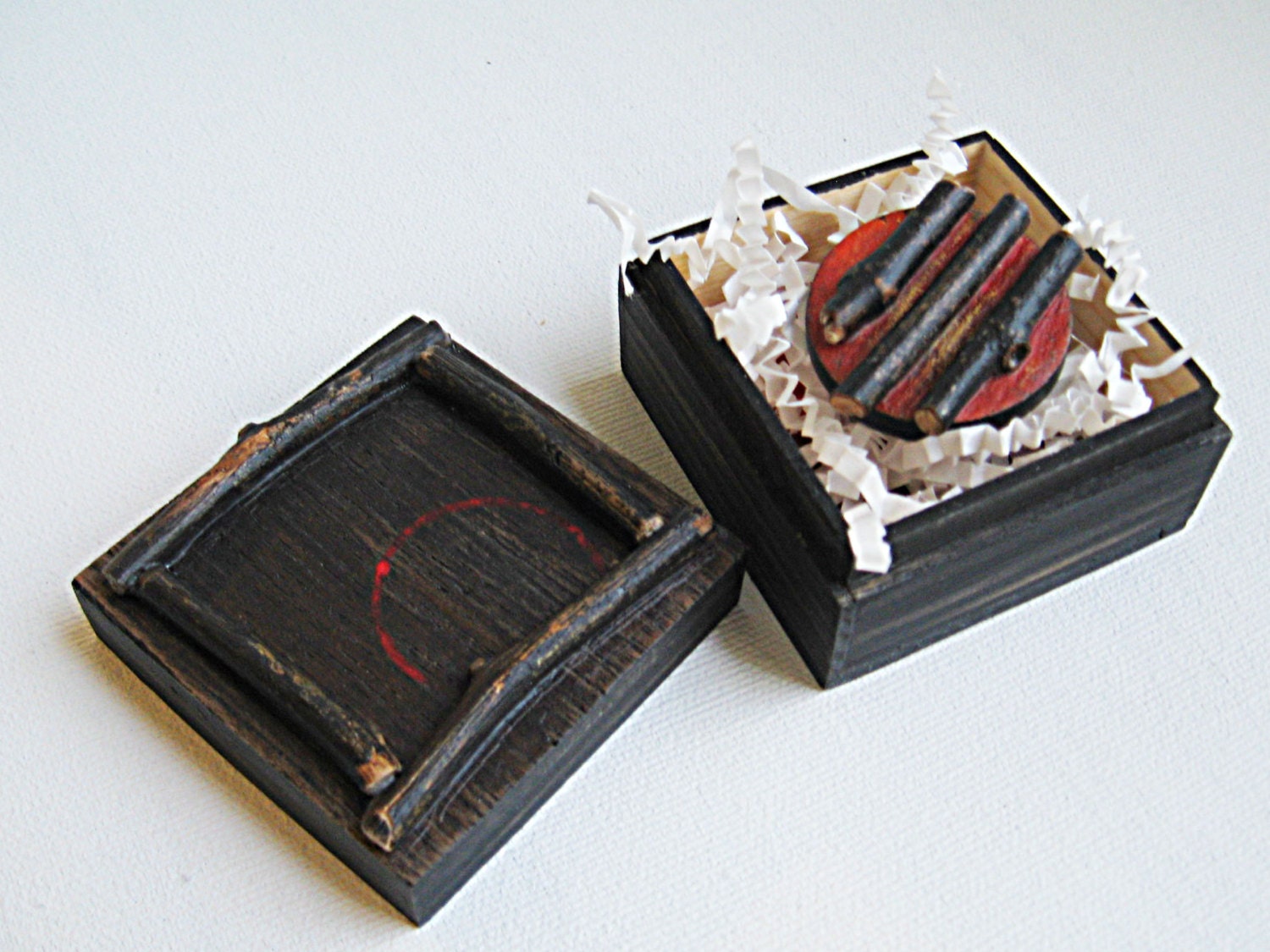 Twig Art Brooch and Wood Box lined in painted paper OOAK