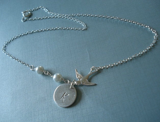 Bird Necklace Pearl Necklace Personalized Initial Disc Necklace Bridesmaids Necklace Wedding