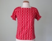 60s blouse / bandana print red & white peasant top shirt cotton (s - m)