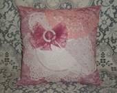 Handmade Shabby Vintage Lace and Chenille Pillow 14" X 14"  Pink and White