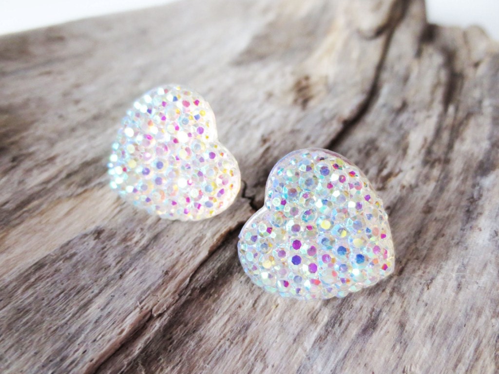 White rainbow crystal glitter heart earrings.  Sterling silver.  Stud post style.