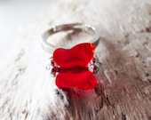 Red butterfly crystal ring.  Silver adjustable ring.