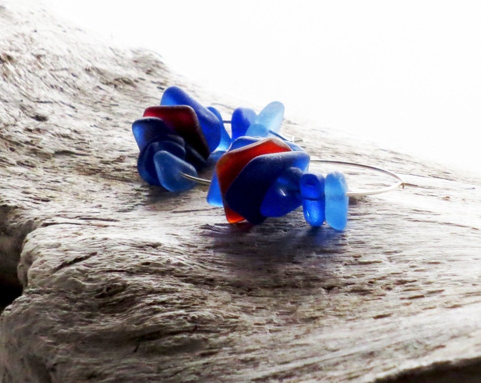 Blue beach glass hoop earrings.  Sterling silver.  Sea glass jewelry.