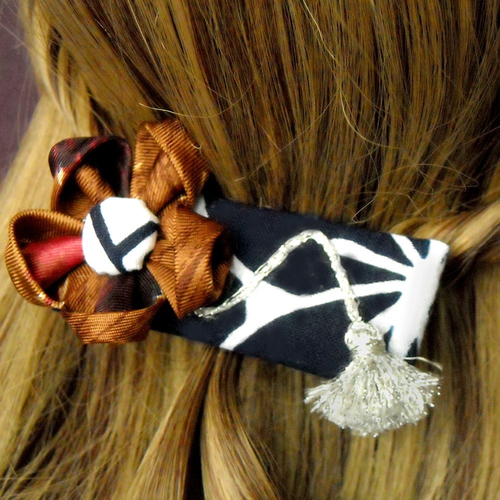 Dark Red and Brown Kanzashi Barrette,Flower Hair Clip,