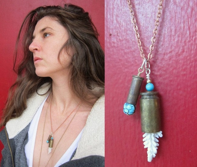 Bullet Casing Necklace with White Coral and Turquoise on Copper Chain