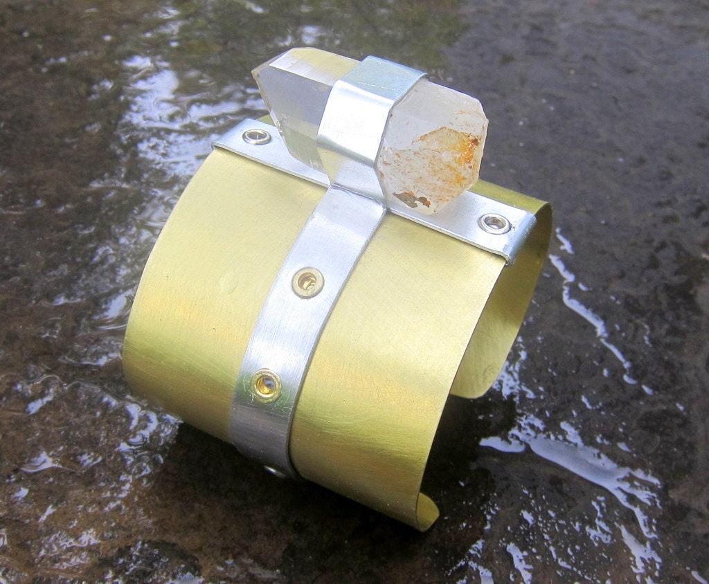 Quartz Crystal Cuff Bracelet in Riveted Brass and Silver / Handmade