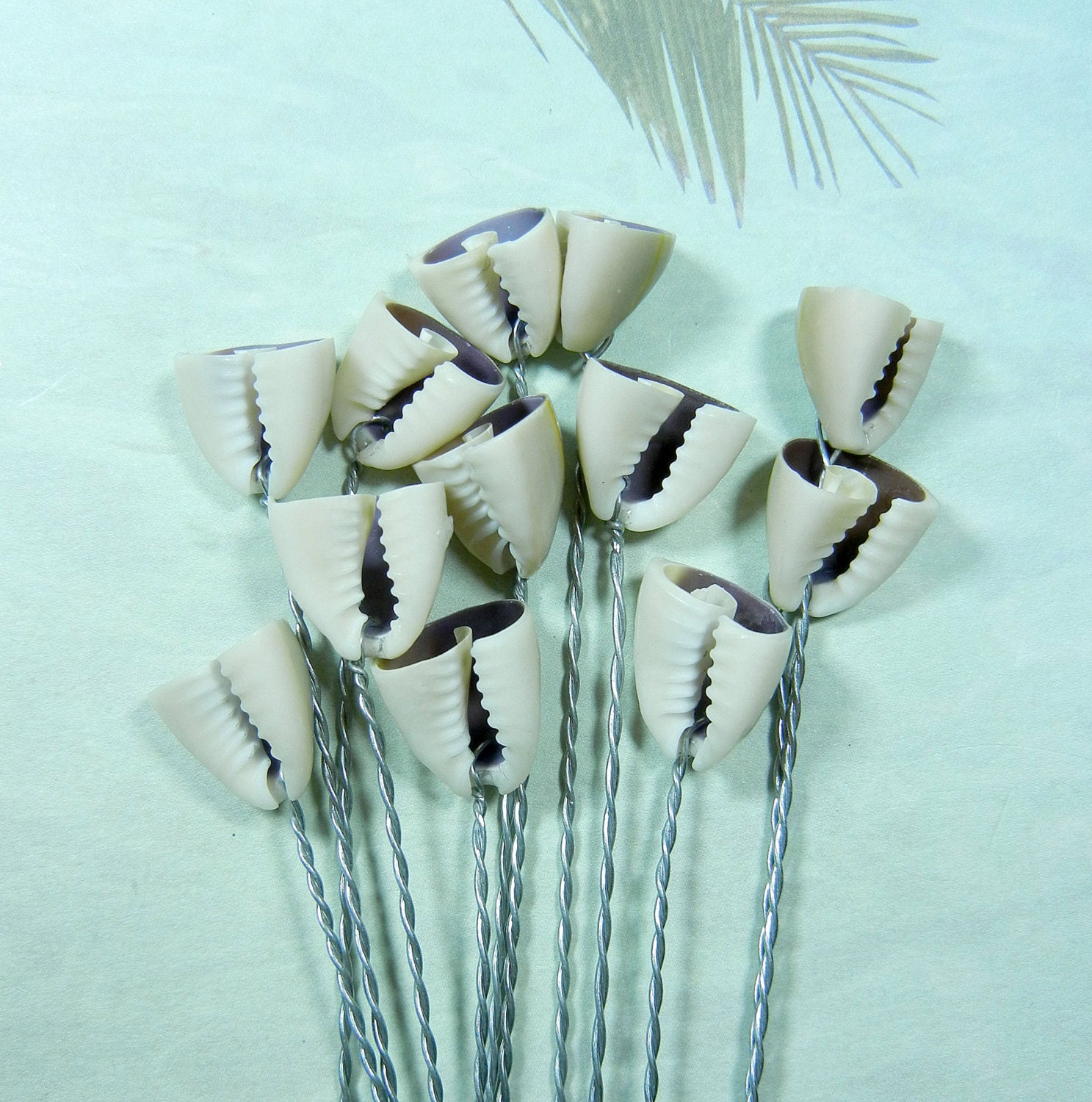 Seashell Stems - Seashell Cowrie Curls - 12 Natural Ivory and Purple Cowrie Shell Halves for Bouquest  - Silver Wire