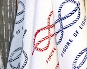 3 x Tea Towel Red Navy Blue Charcoal Grey Screen printed nautical knot design linen kitchen towel